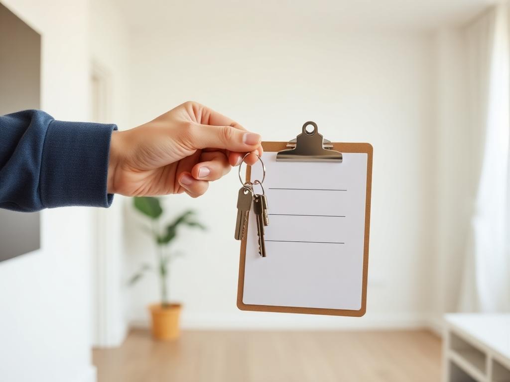 Schlüsselübergabe mit Übergabeprotokoll in einer hellen Wohnung