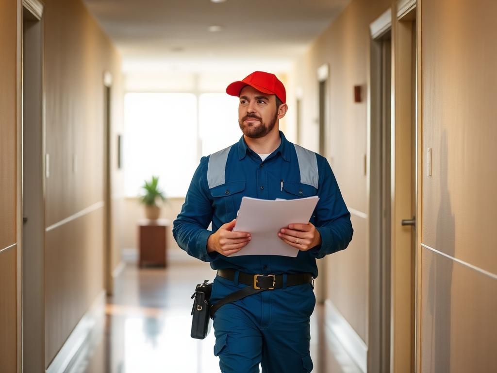 Hausmeister bei einem Kontrollgang mit Checkliste in einem gepflegten Gebäude