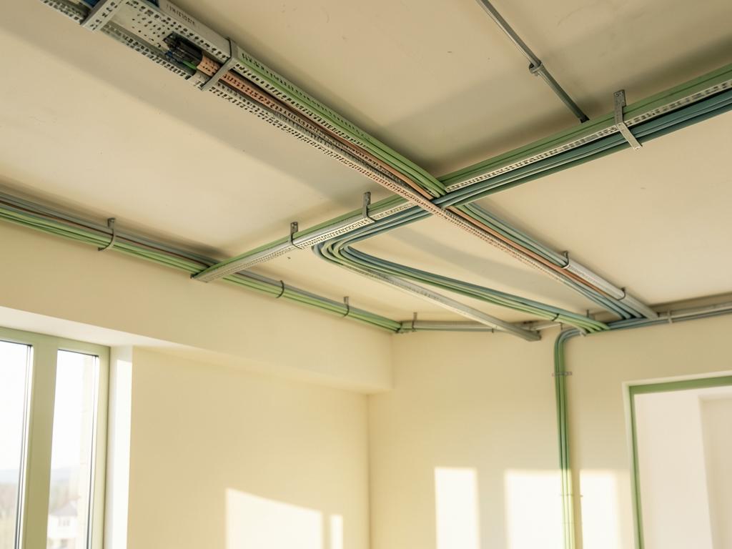 Ordentlich verlegte Kabeltrassen und Leerrohre für Netzwerktechnik an einer Decke