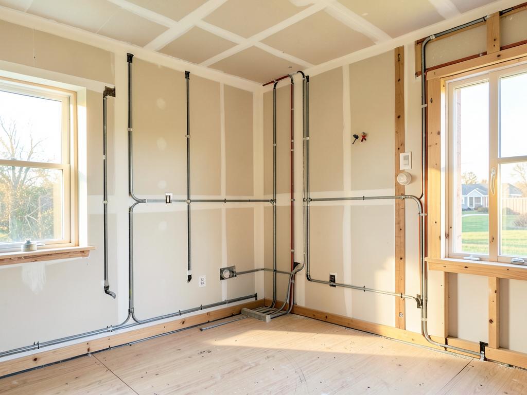 Heller Raum eines Einfamilienhauses im Innenausbau mit sauber vorbereiteten Leerrohren